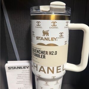 Stanley White and Gold Logo Travel Mug